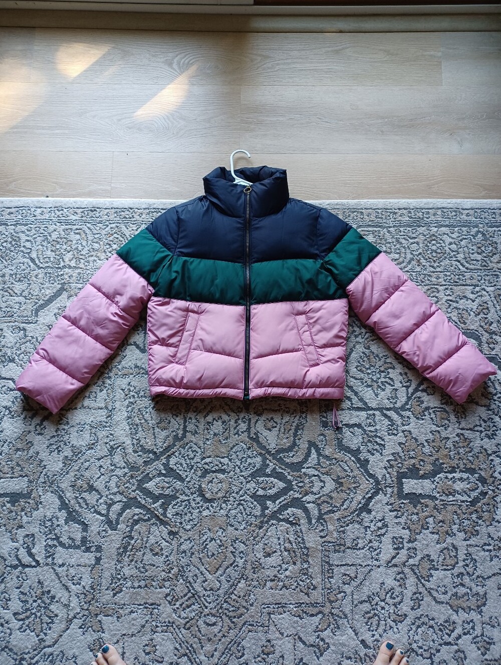 Women's Colorblock Puffer Jacket - Pink/Green/Dark Navy
